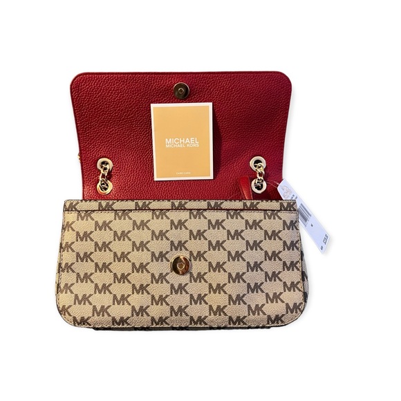 NEW Michael Kors Scarlet & Natural Small Flap Logo Bag Jet Set Chain 38H8CTCF1V - Picture 3 of 15
